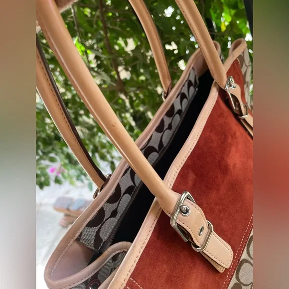 Coach, Y2K 2003 Hampton Leather, Suede, Canvas Satchel Bag, Red - Picture 15 of 17